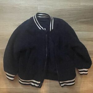 GAP Blue Puffer Jacket with Ribbed Collar and Striped Cuffs